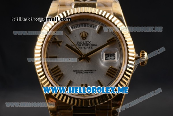 Rolex Day-Date Clone Rolex 3255 Automatic Yellow Gold Case/Bracelet with Silver Dial and Roman Numeral Markers - Click Image to Close